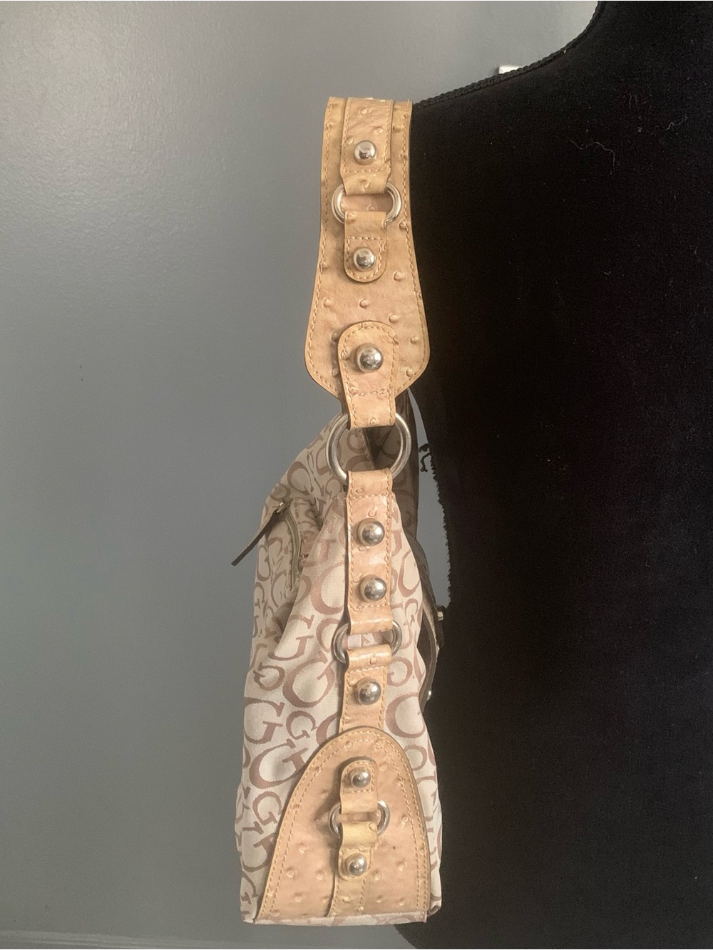 Guess Beige Monogram Shoulder Bag with Tan Trim and Silver G Logo - Picture 5 of 7